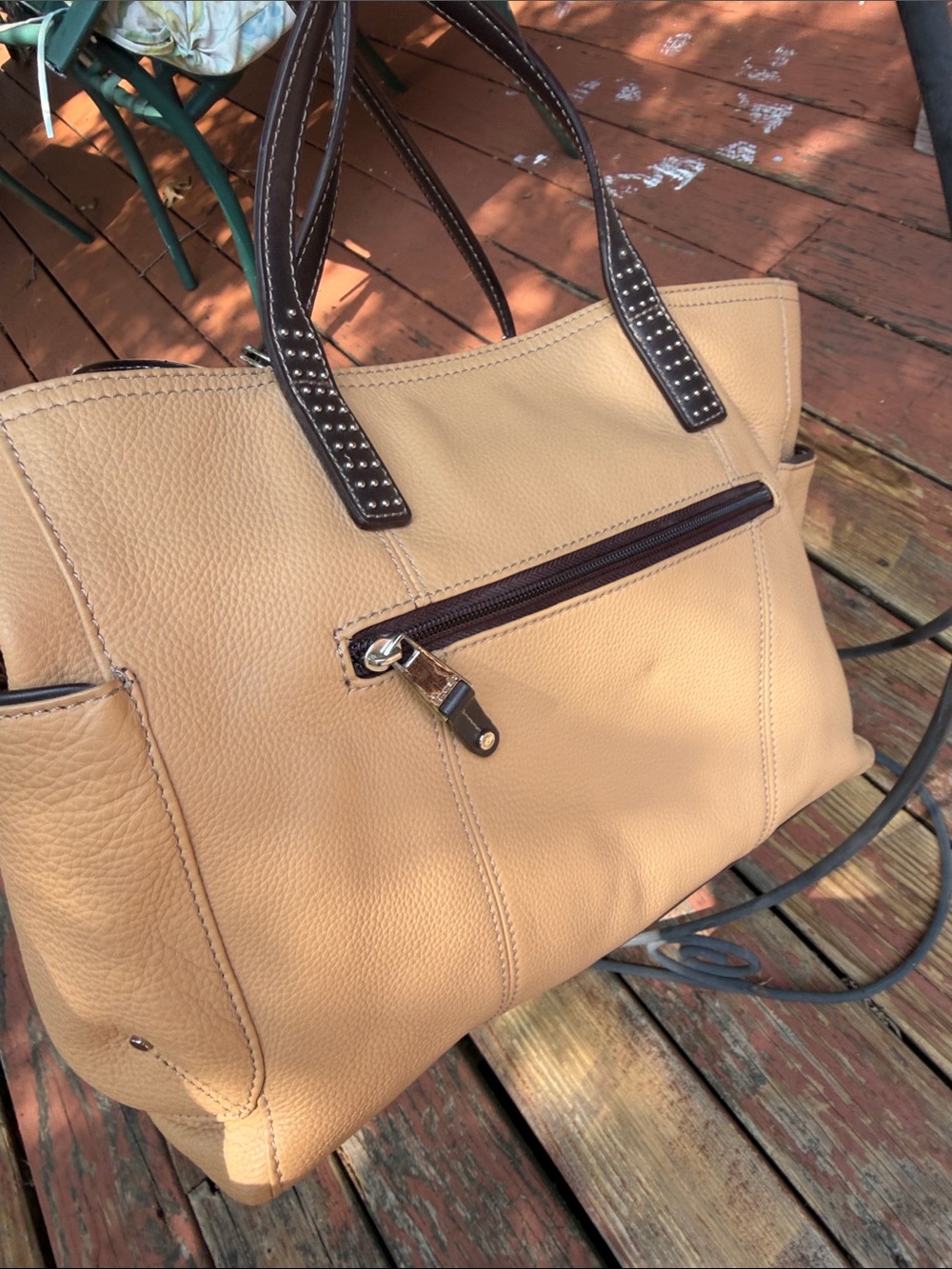 Tignanello ~ Large Tan Pebbled Leather Tote wDark Brown Leather w/STUDDED detail - Picture 5 of 8